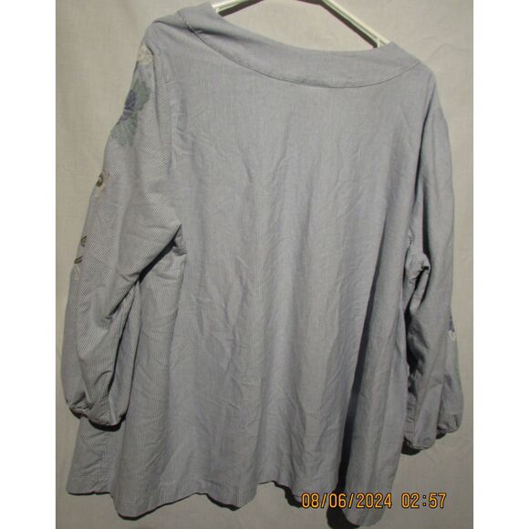 J.JILL BLOUSE TOP COTTON EMBROIDED FLOWERS SIZE M BLUE PIN STRIPS LONG SLEEVES - Picture 9 of 9